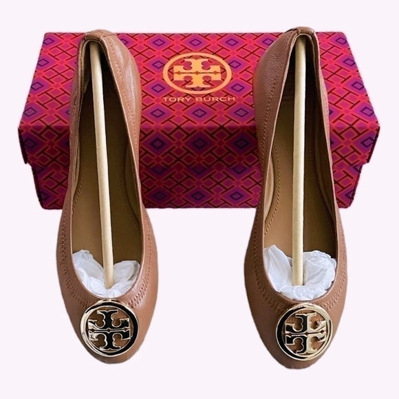 TORY BURCH Benton 2 Travel Leather Ballet Flats Royal Tan Gold Size 5.5 - Picture 3 of 8